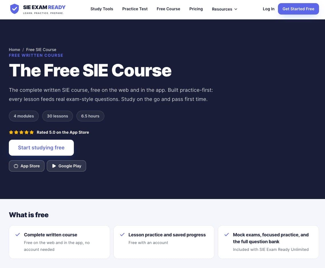 Preview of the free SIE course page